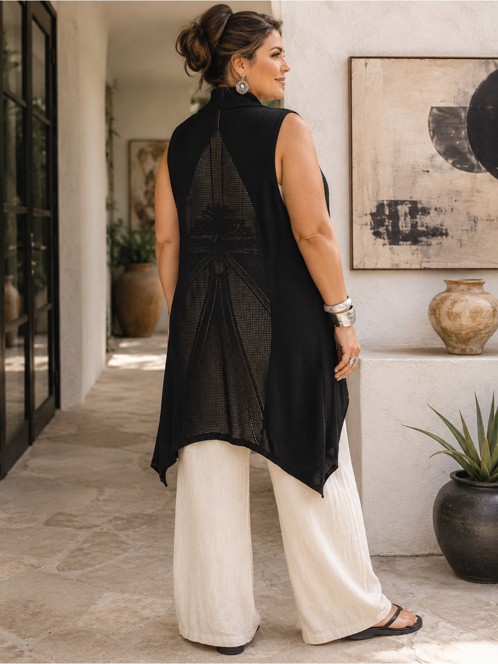 Hayden Park 1X Black Long Vest Openwork Mesh Back Hi Low Lagenlook